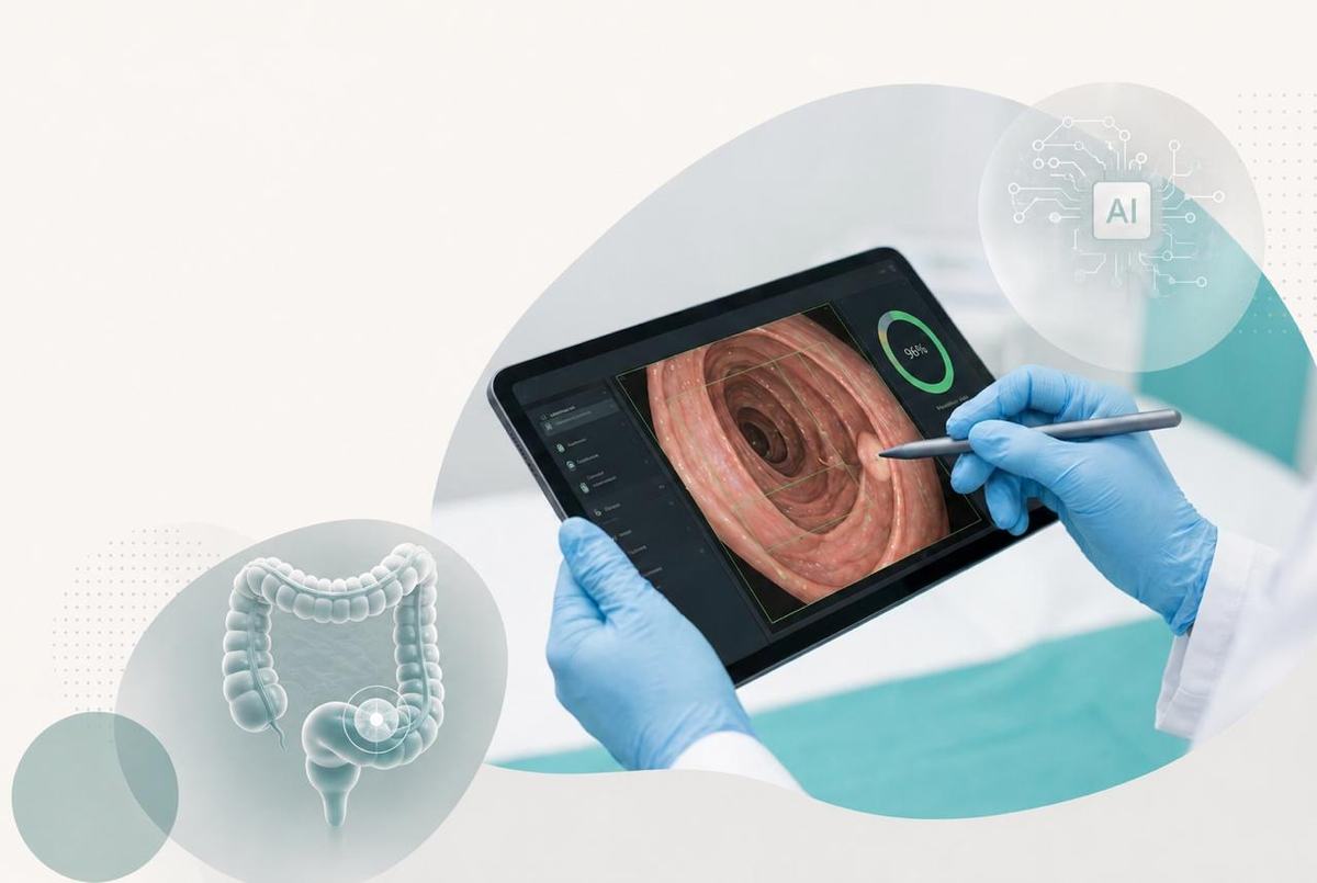 Immagine di un tablet che mostra un'analisi endoscopica digitale, evidenziando l'uso dell'intelligenza artificiale in sanità e la stadiazione precoce del cancro al colon retto.