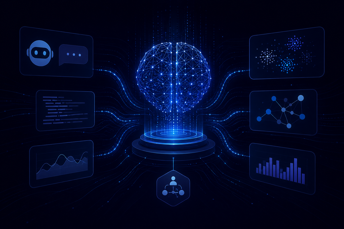 Illustrazione che rappresenta l'intelligenza artificiale e il machine learning, evidenziando connessioni tra dati e analisi. Ideale per comprendere il futuro digitale.