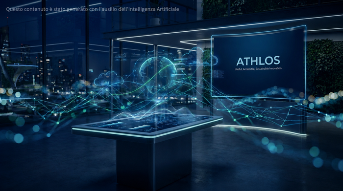 Immagine di un ambiente high-tech con un tavolo interattivo e grafica digitale, rappresentante le soluzioni innovative di Athlos – Soluzioni Digitali.