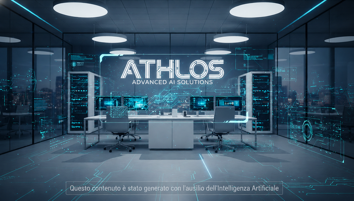 Ufficio high-tech di Athlos, agenzia di soluzioni digitali, con schermi e tecnologia avanzata per l'IA.