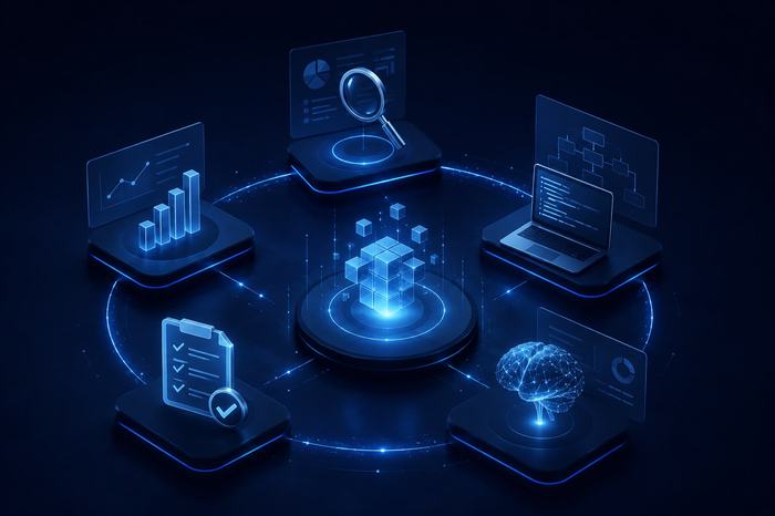 Immagine che rappresenta servizi digitali avanzati di Athlos, inclusi grafici, intelligenza artificiale e analisi dati.