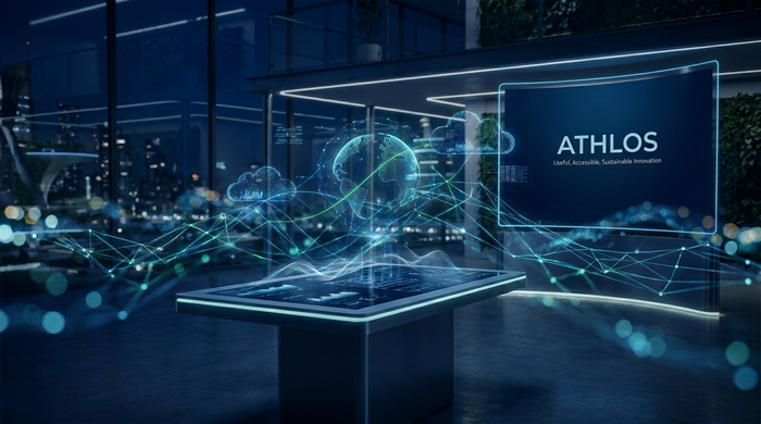 Immagine di un ambiente high-tech con un tavolo interattivo e grafica digitale, rappresentante le soluzioni innovative di Athlos – Soluzioni Digitali.