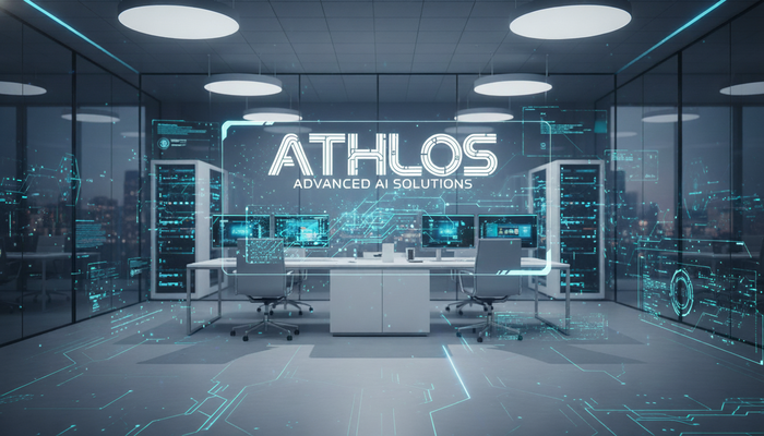 Ufficio high-tech di Athlos, agenzia di soluzioni digitali, con schermi e tecnologia avanzata per l'IA.